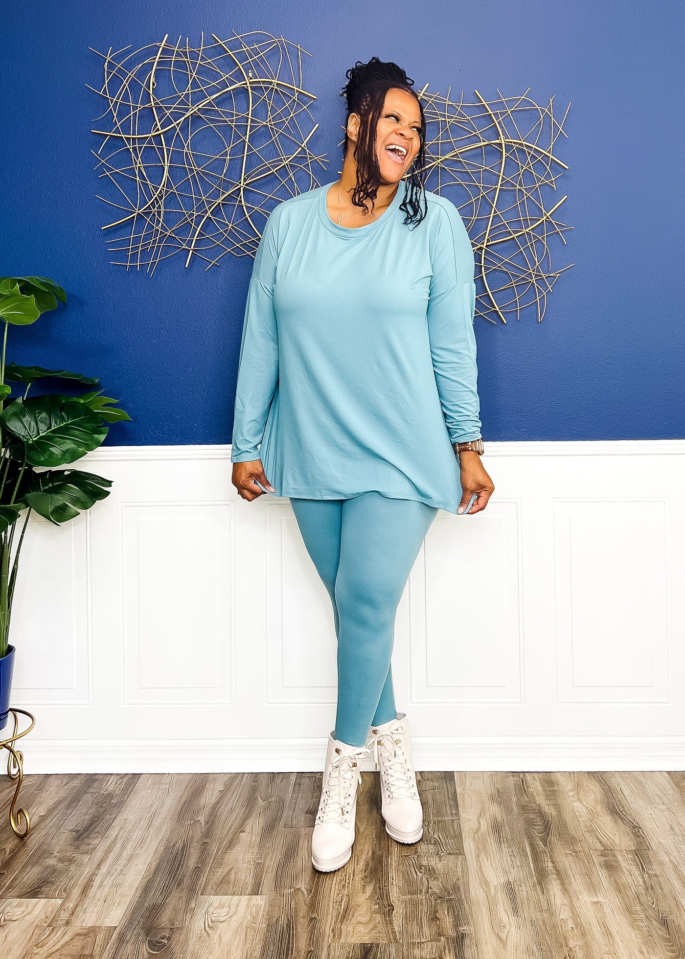 Casual Auntie Long Two Piece Microfiber Matching Pant Set- Various Colors (Final Sale) Outfit Sets S Dusty Teal Classic