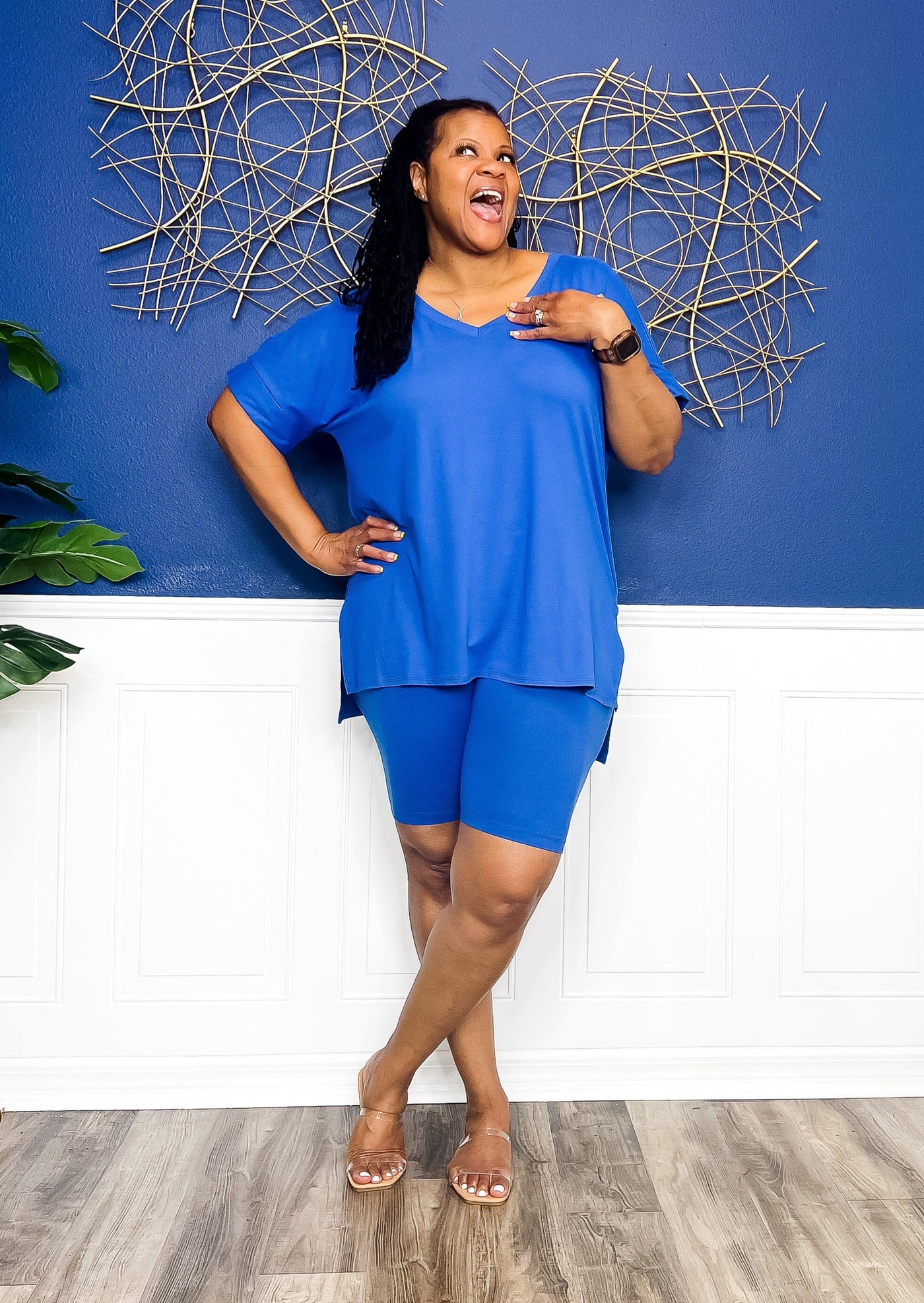 Casual Auntie Matching Short Set- Classic Blue Outfit Sets 