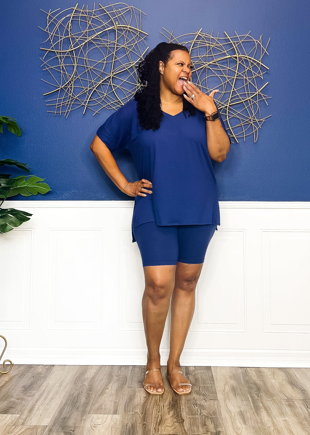Casual Auntie Matching Short Set- Light Navy Outfit Sets 