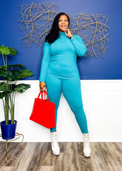 Casual Auntie Mock Neck Two Piece Microfiber Matching Pant Set- Light Teal Outfit Sets 