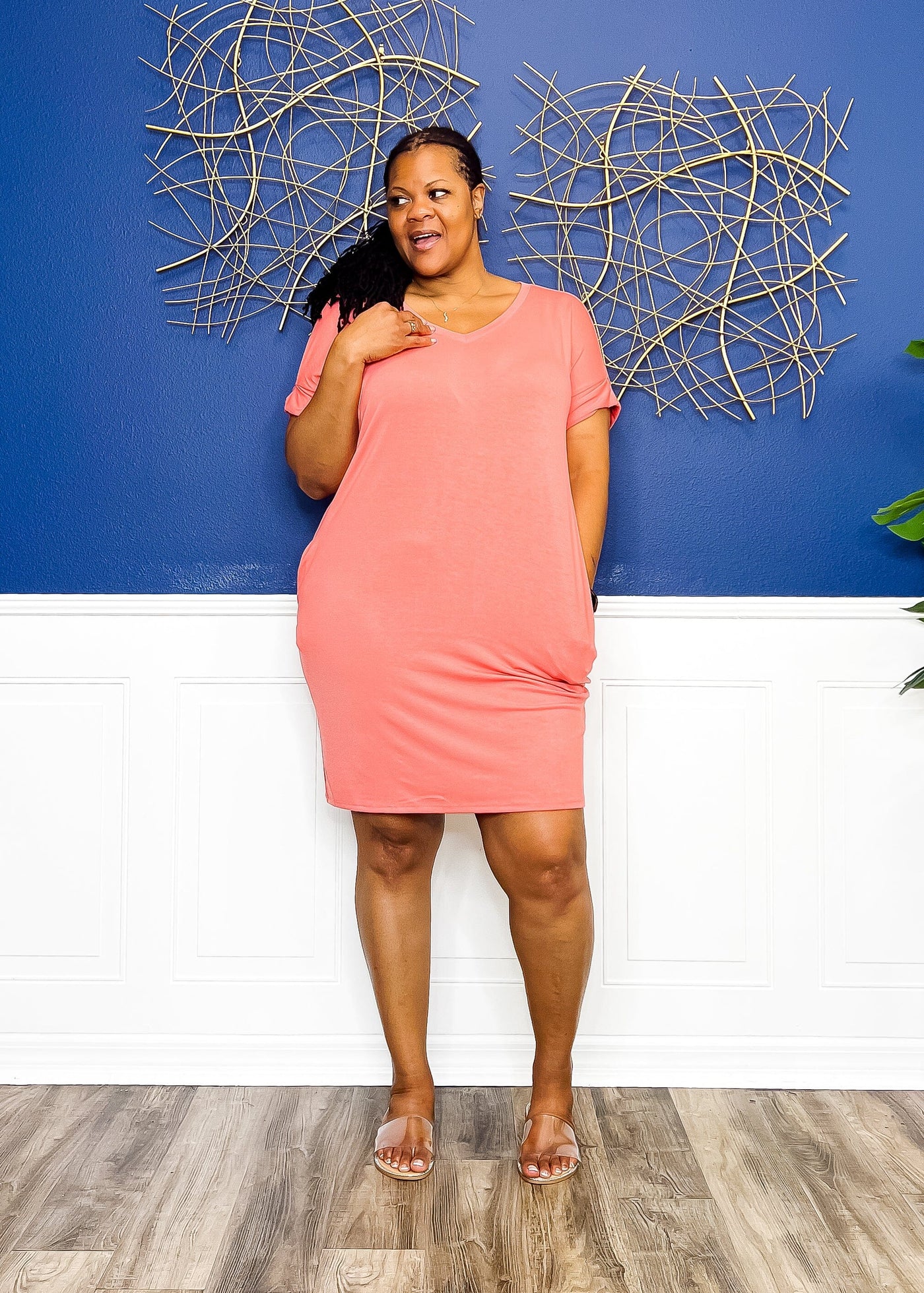 Casual Auntie T-Shirt Dress- Deep Coral Outfit Sets 