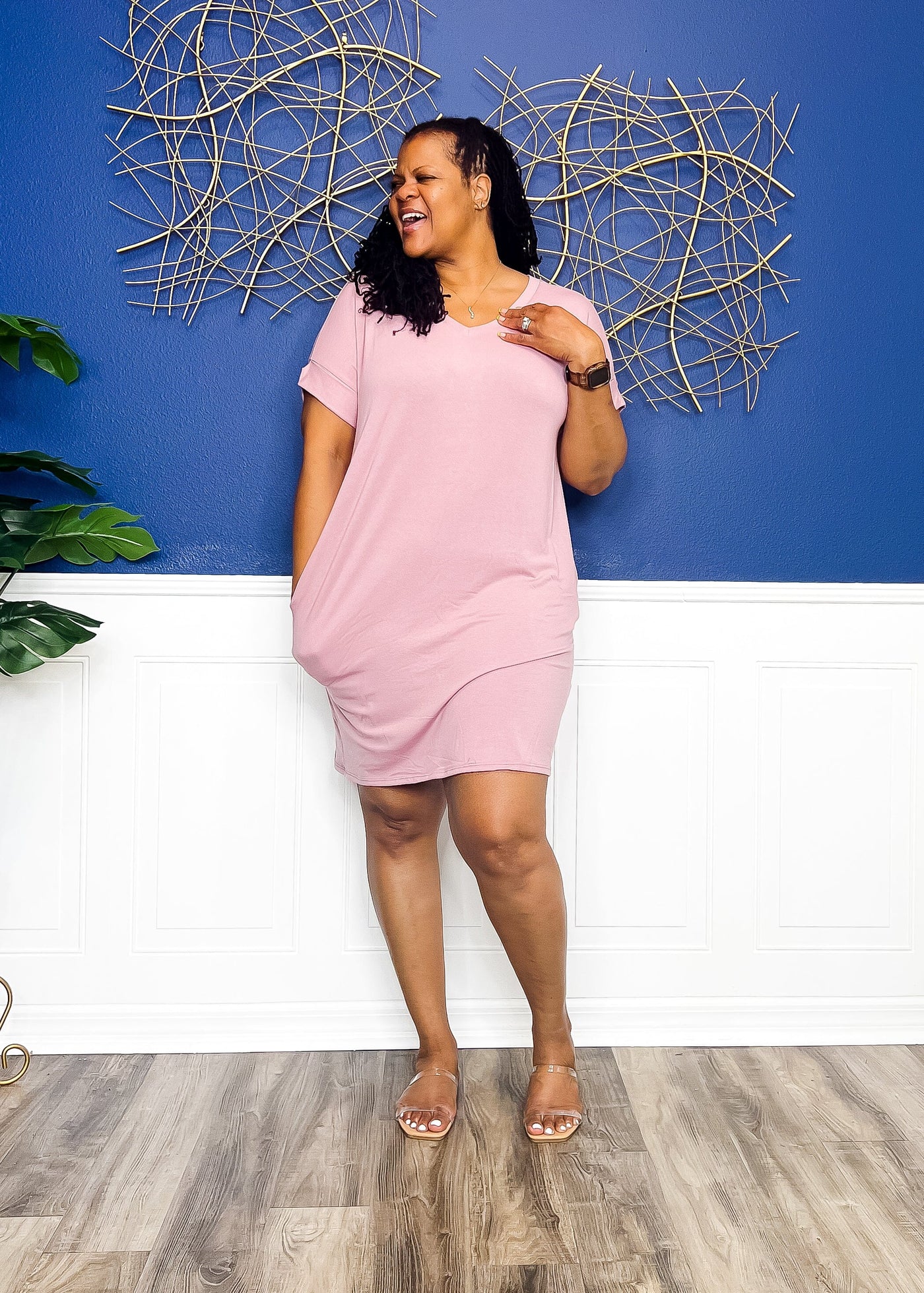 Casual Auntie T-Shirt Dress- Light Rose Outfit Sets 1X 