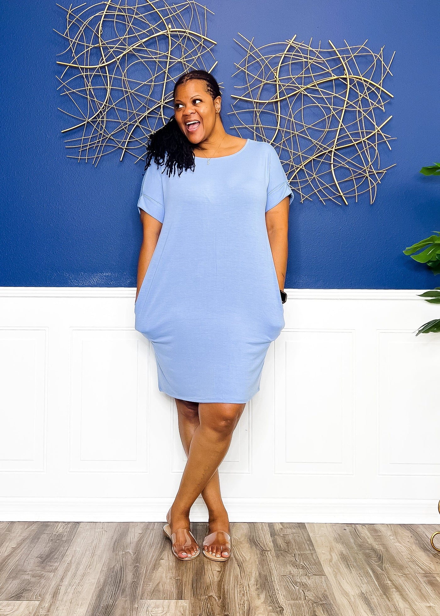 Casual Auntie T-Shirt Dress Round Neck - Spring Blue Outfit Sets 