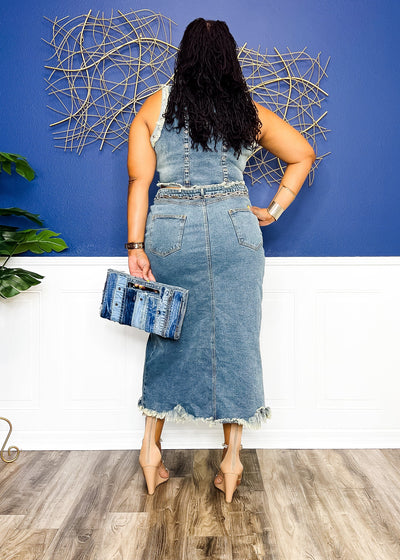 Frayed and Fitted Denim Two Piece Skirt Set Outfit Sets 