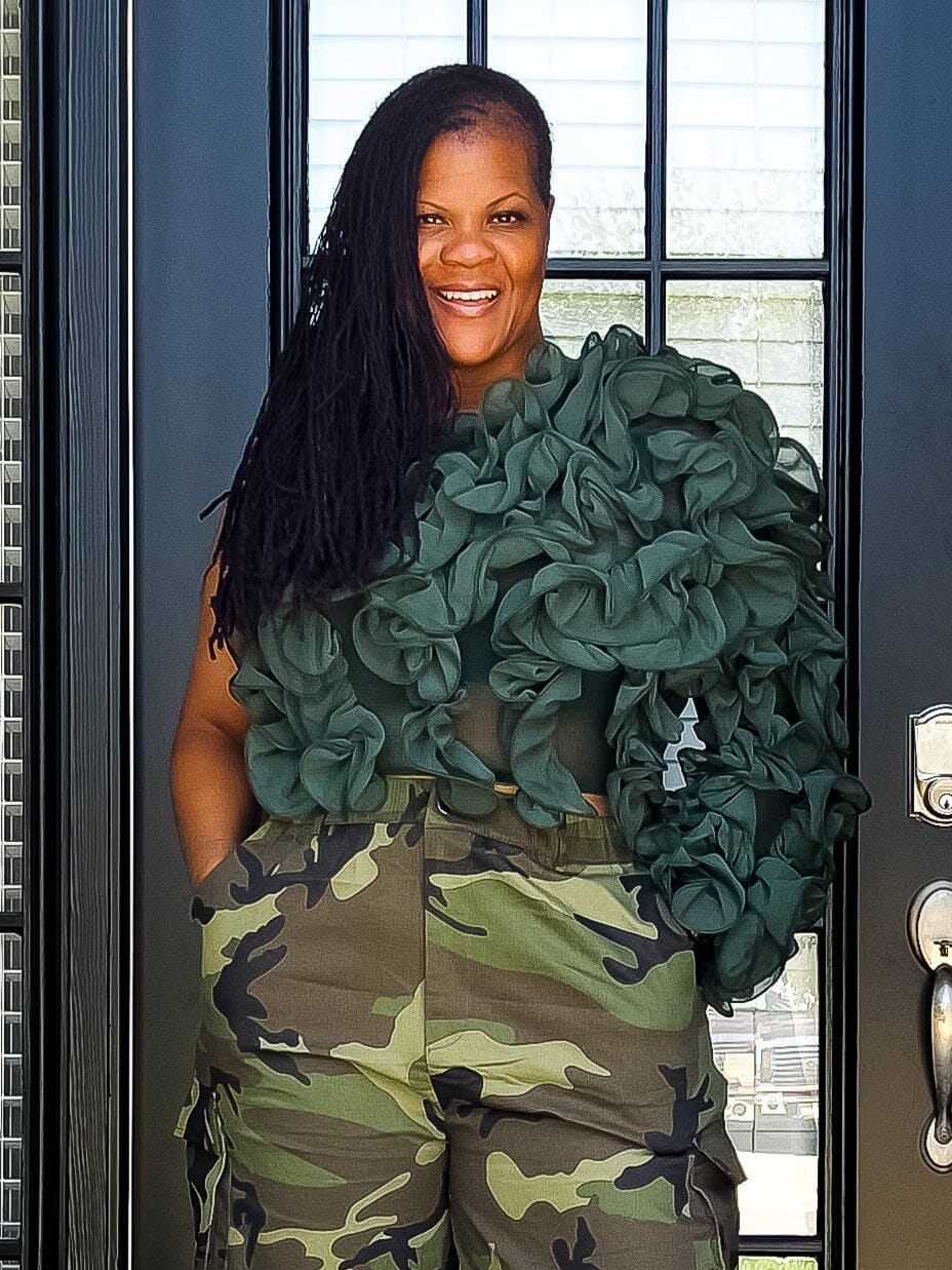 Ruffles and Roses Crop Top- Dark Green Outfit Sets 1X 
