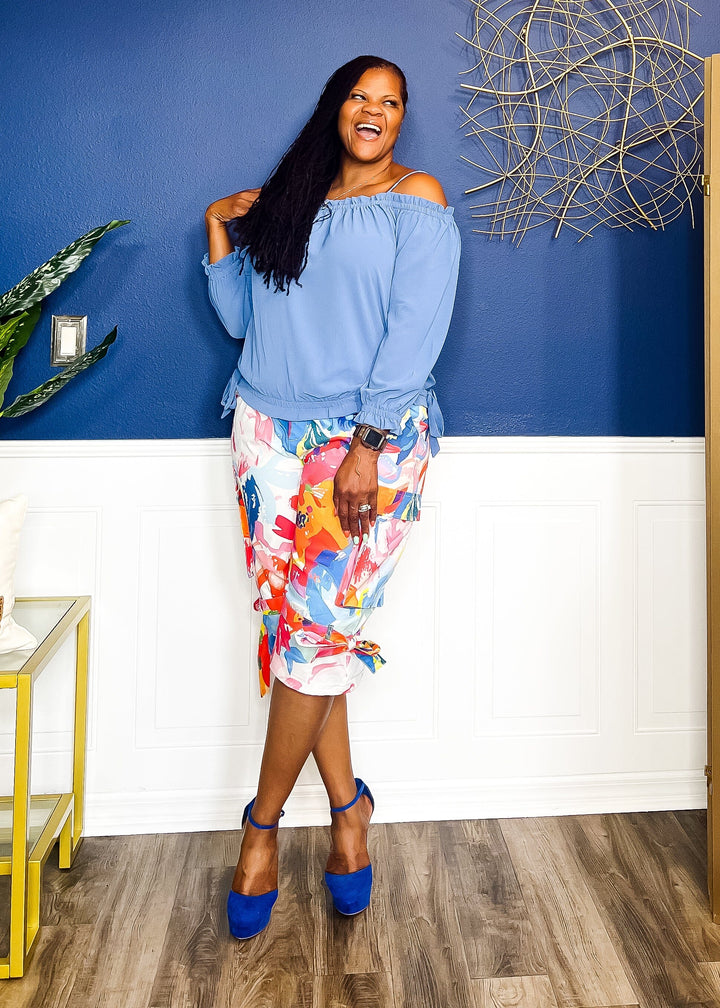 Sheer Perfection Off the Shoulder Top - Light Blue Bottoms 1X 