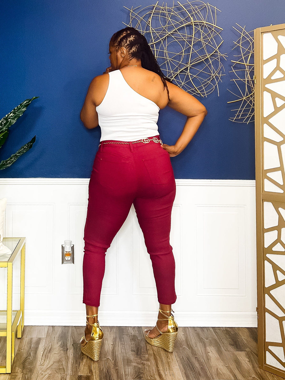 Stretch Me Out Skinny Jeans- Burgundy Pants 