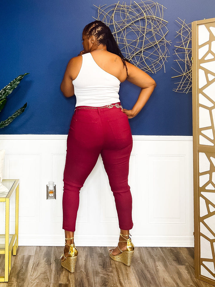 Stretch Me Out Skinny Jeans- Burgundy Pants 