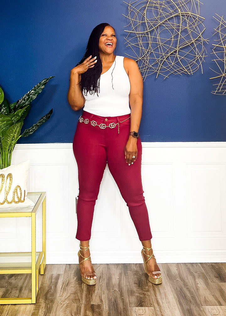 Stretch Me Out Skinny Jeans- Burgundy Pants 1X 