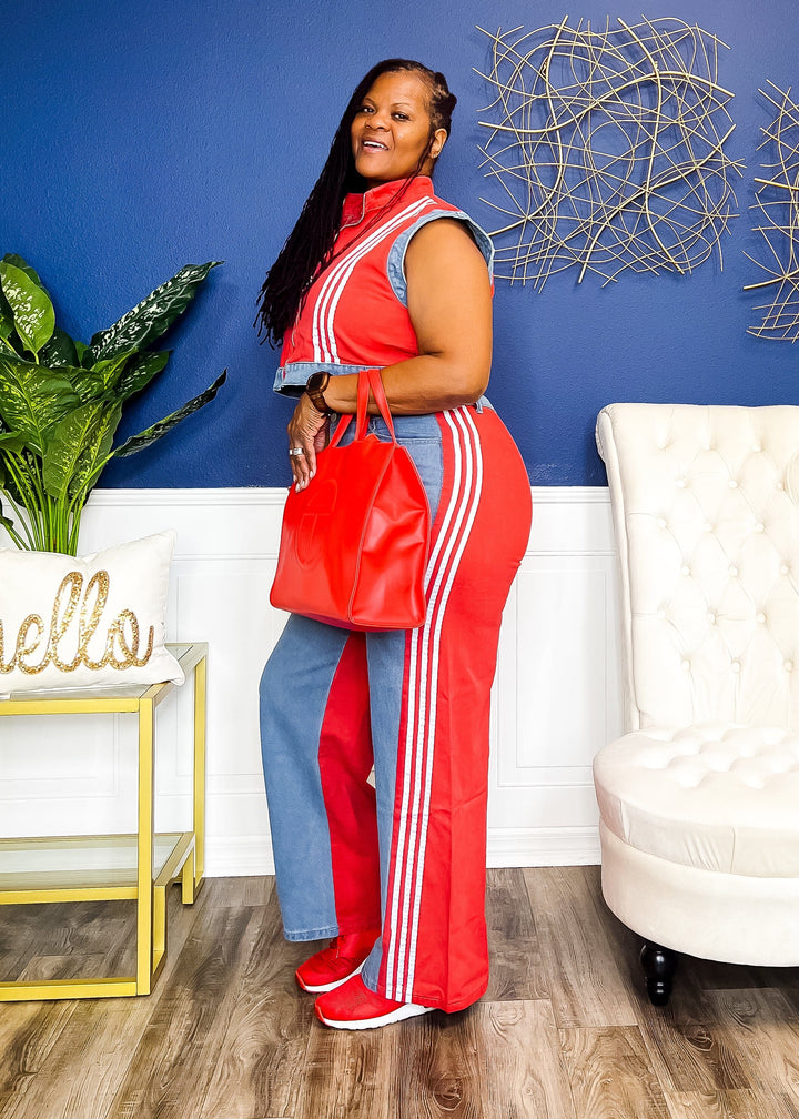 Striped and Stuff Two Piece Denim Set- Red (READ DESCRIPTION) Pants 