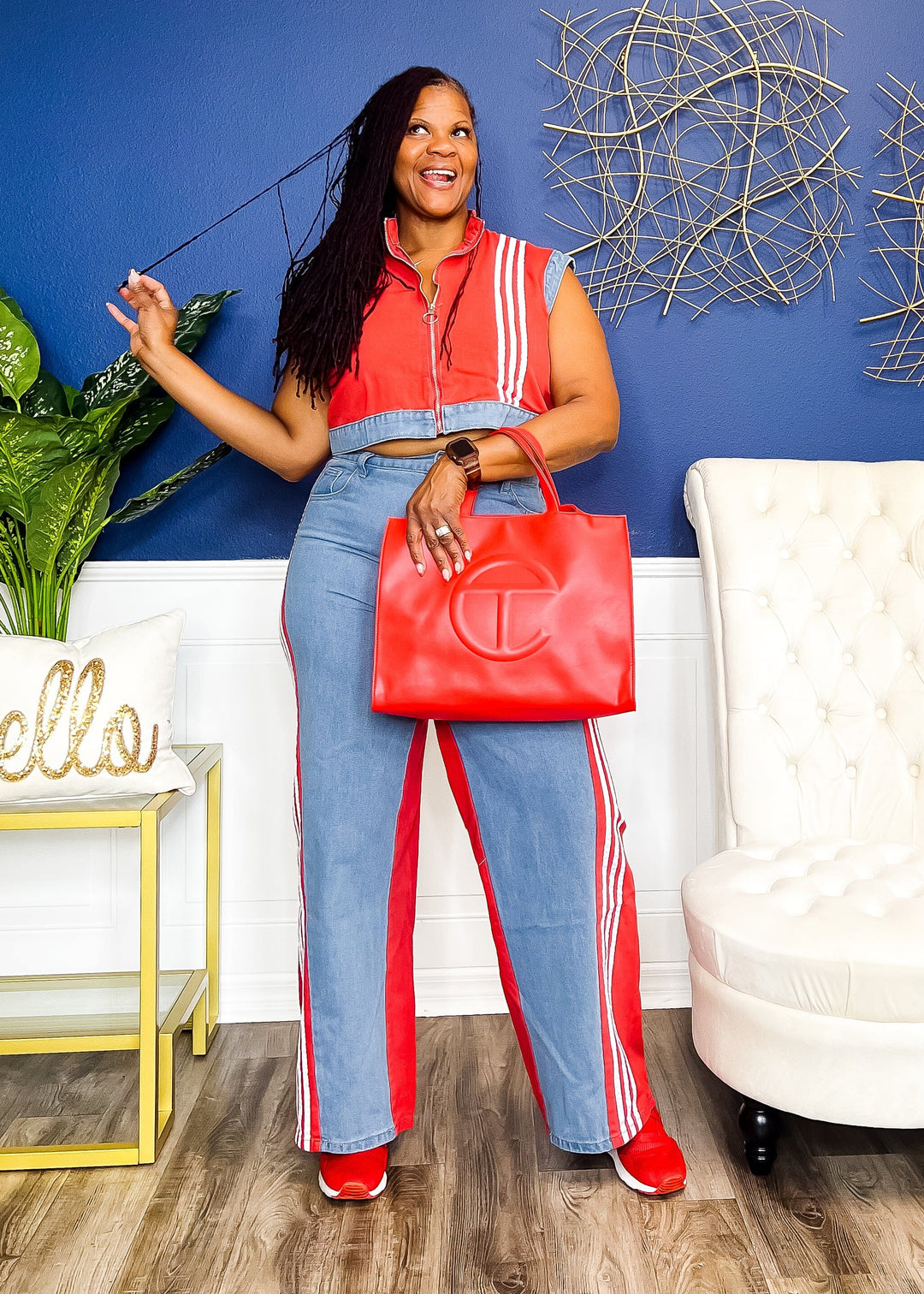 Striped and Stuff Two Piece Denim Set- Red (READ DESCRIPTION) Pants L 