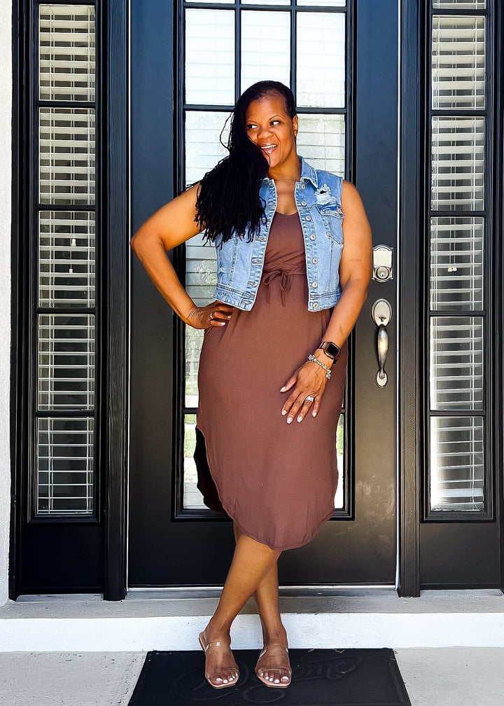 Vacation Bae Drawstring Dress- Coffee Outfit Sets 