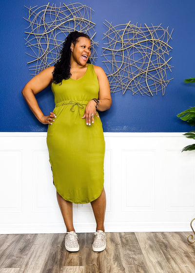 Vacation Bae Drawstring Dress- Olive Green Outfit Sets 