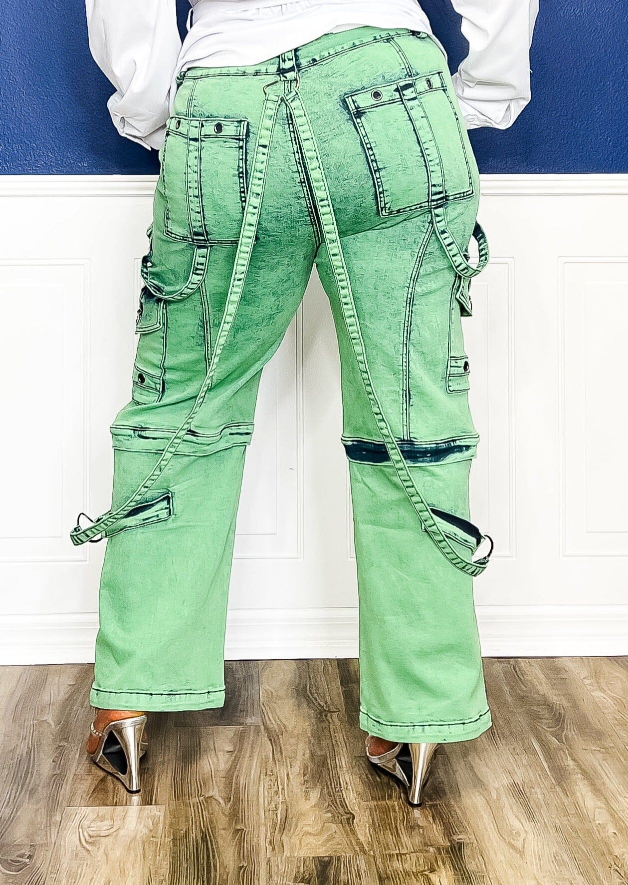 Washed and Ready Green Denim Cargo Pants Pants 
