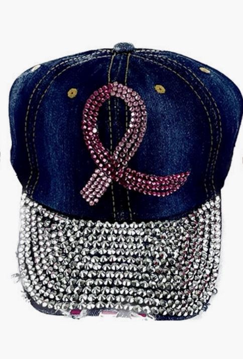Breast Cancer Awareness Pink Ribbon Rhinestone Cap- Denim Socks 