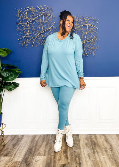 Casual Auntie Long Two Piece Microfiber Matching Pant Set- Dusty Teal Outfit Sets 