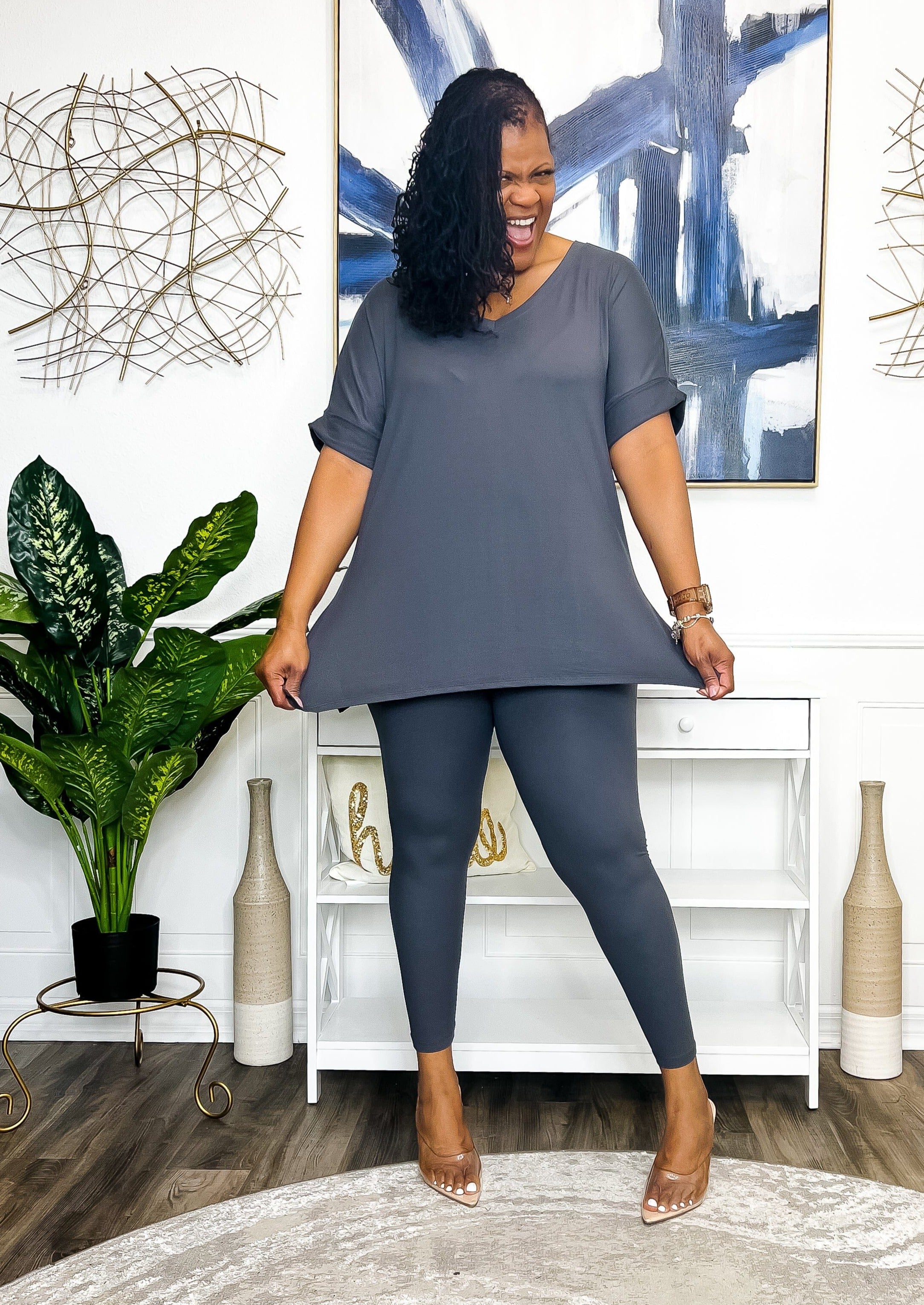 Casual Auntie Long Two Piece Microfiber Matching Pant Set- Light Gray Outfit Sets 