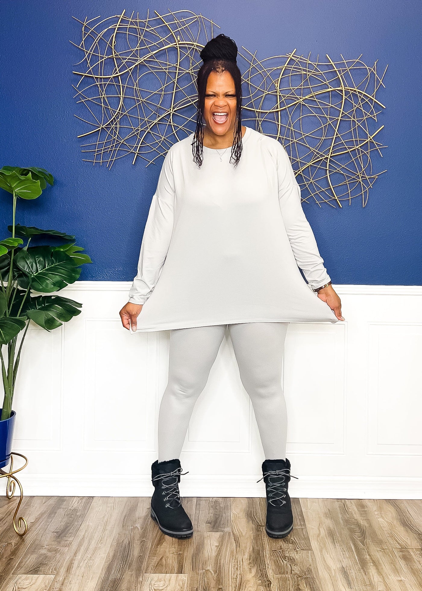 Casual Auntie Long Two Piece Microfiber Matching Pant Set- Light Grey Outfit Sets 