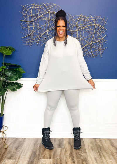 Casual Auntie Long Two Piece Microfiber Matching Pant Set- Light Grey Outfit Sets 