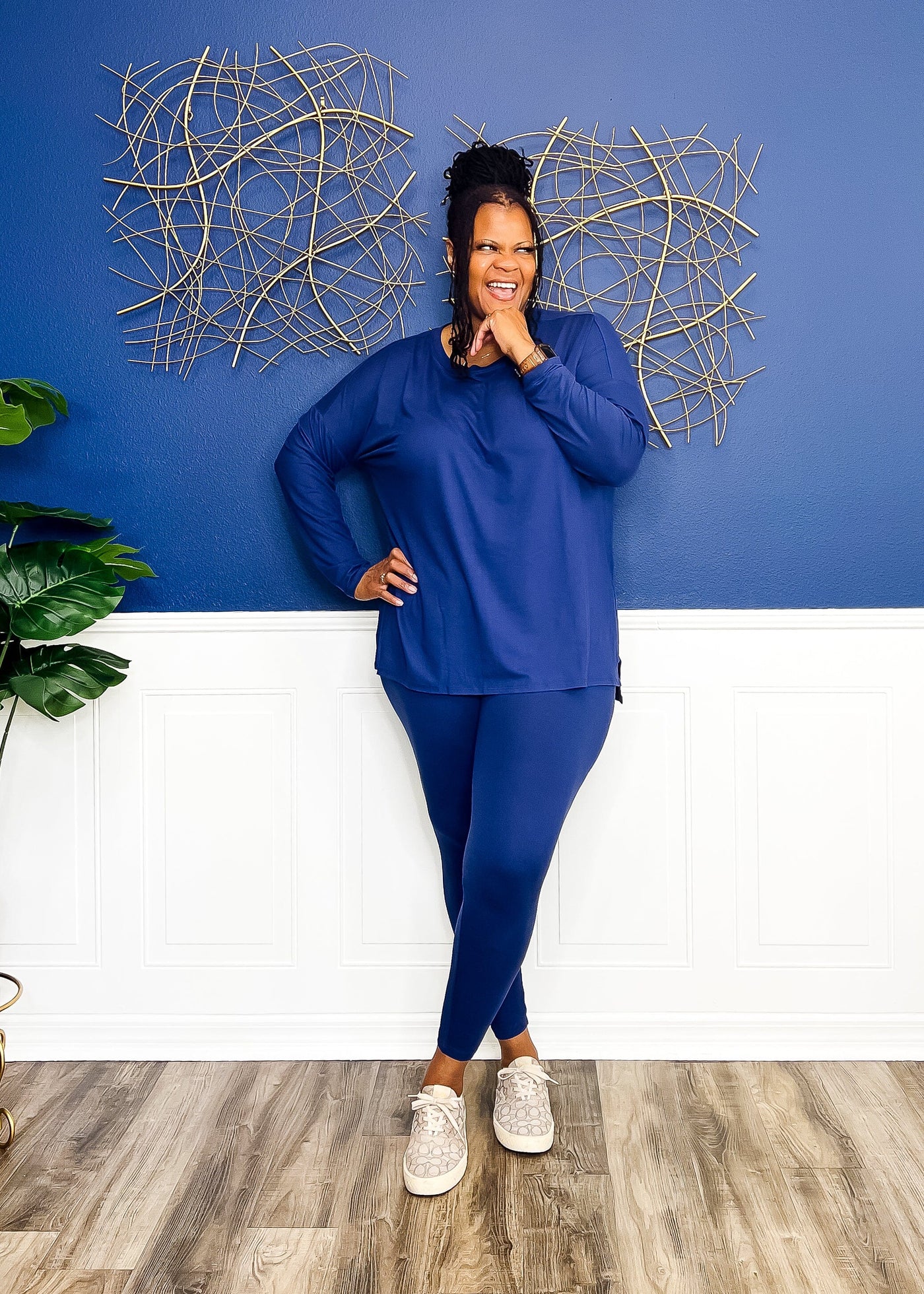 Casual Auntie Long Two Piece Microfiber Matching Pant Set- Light Navy Outfit Sets 
