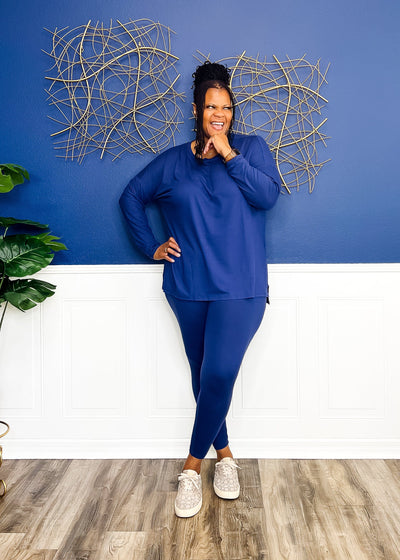 Casual Auntie Long Two Piece Microfiber Matching Pant Set- Light Navy Outfit Sets 