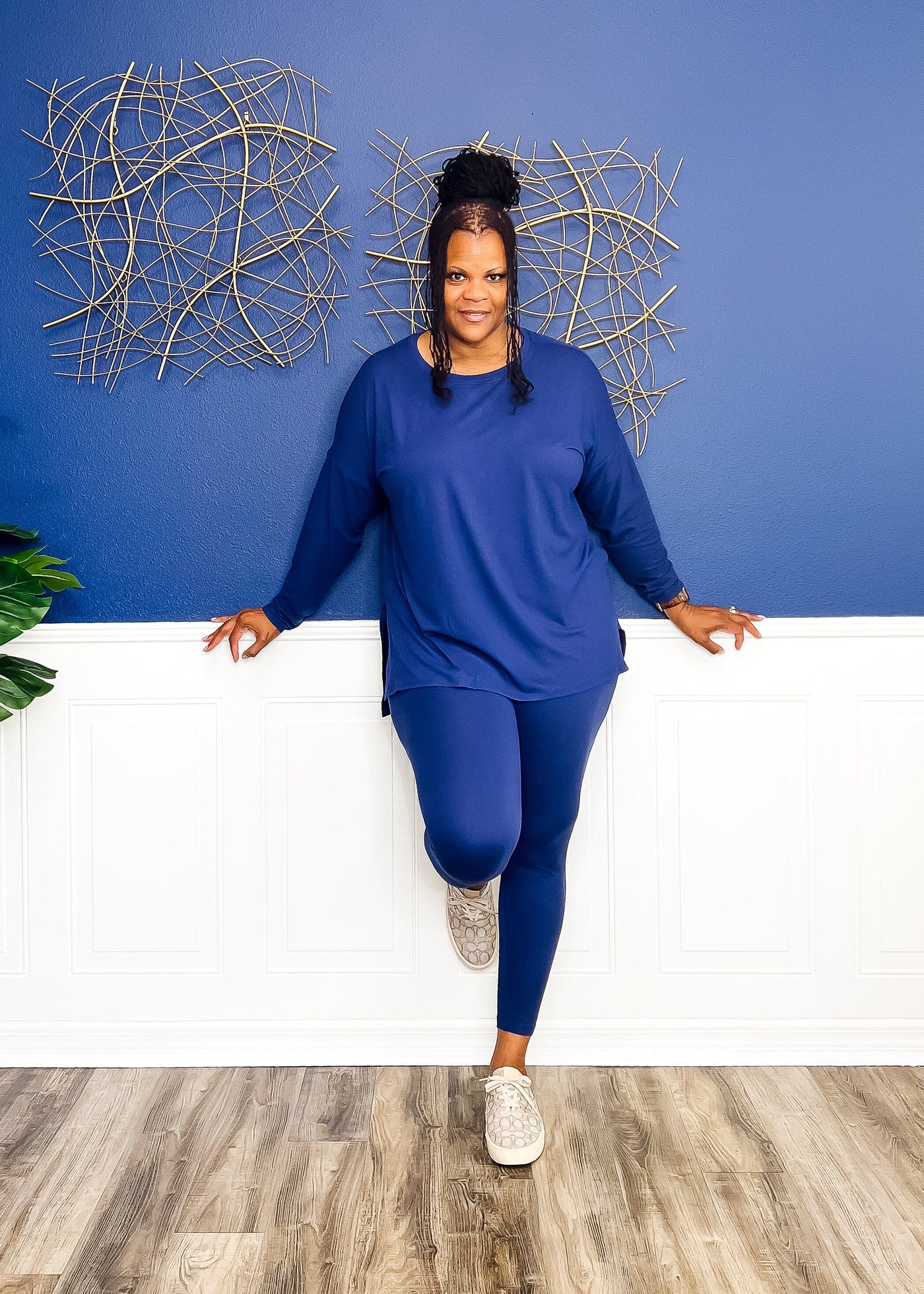 Casual Auntie Long Two Piece Microfiber Matching Pant Set- Light Navy Outfit Sets 