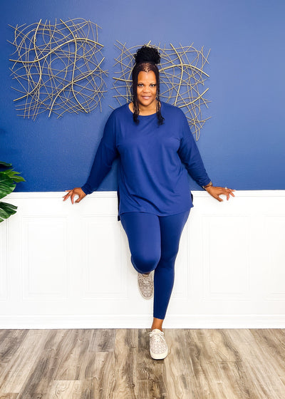 Casual Auntie Long Two Piece Microfiber Matching Pant Set- Light Navy Outfit Sets 