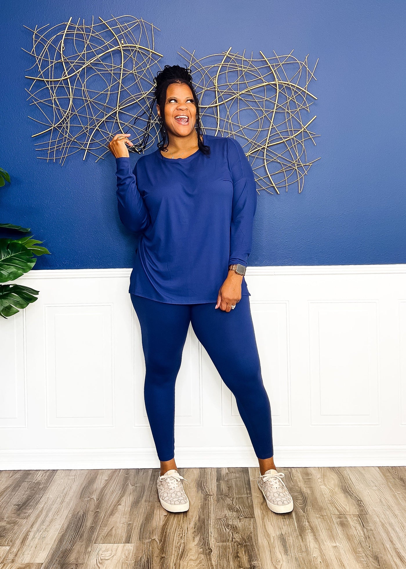 Casual Auntie Long Two Piece Microfiber Matching Pant Set- Light Navy Outfit Sets S 