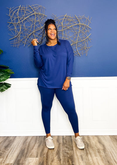Casual Auntie Long Two Piece Microfiber Matching Pant Set- Light Navy Outfit Sets S 