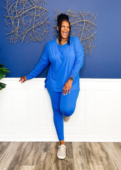 Casual Auntie Long Two Piece Microfiber Matching Pant Set- Ocean Blue Outfit Sets 1X 