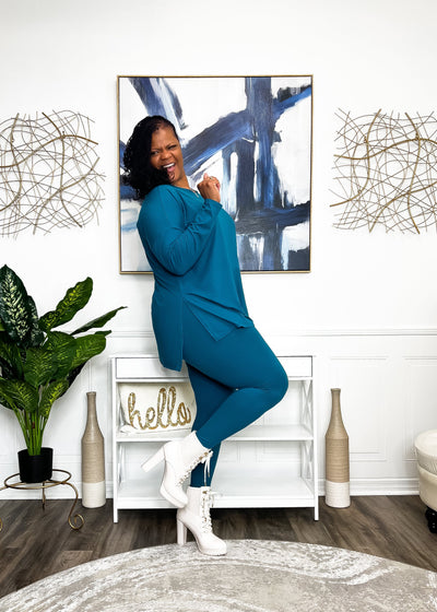 Casual Auntie Long Two Piece Microfiber Matching Pant Set- Teal Outfit Sets 
