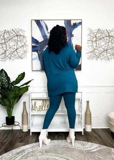 Casual Auntie Long Two Piece Microfiber Matching Pant Set- Teal Outfit Sets 