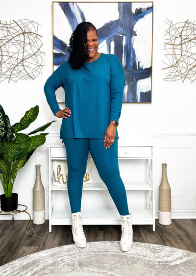 Casual Auntie Long Two Piece Microfiber Matching Pant Set- Teal Outfit Sets S 