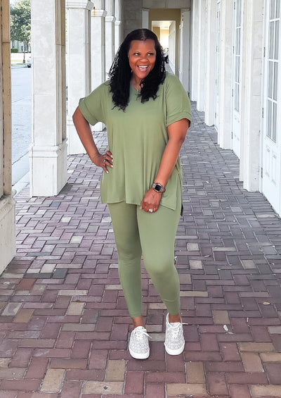 Casual Auntie Two Piece Microfiber Matching Pant Set- Ash Olive Outfit Sets 1X 