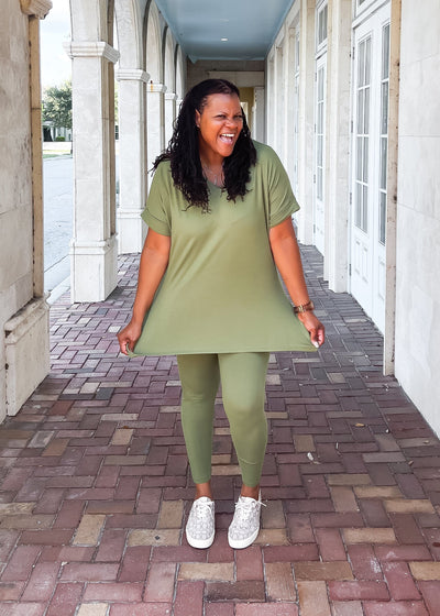 Casual Auntie Two Piece Microfiber Matching Pant Set- Ash Olive Outfit Sets 