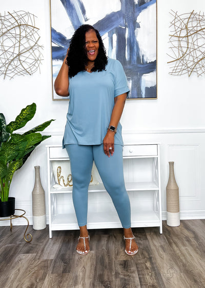Casual Auntie Two Piece Microfiber Matching Pant Set- Blue Grey Outfit Sets 1X 
