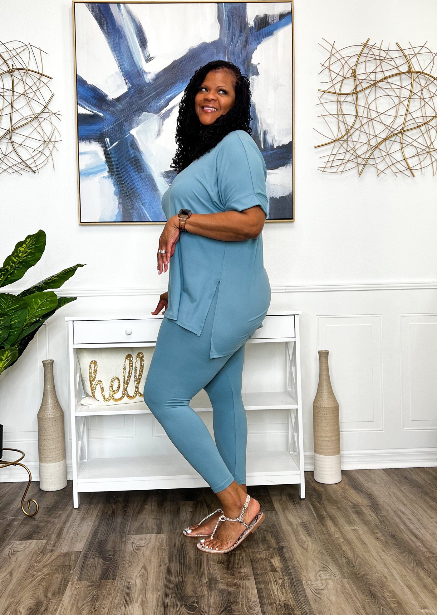 Casual Auntie Two Piece Microfiber Matching Pant Set- Blue Grey Outfit Sets 