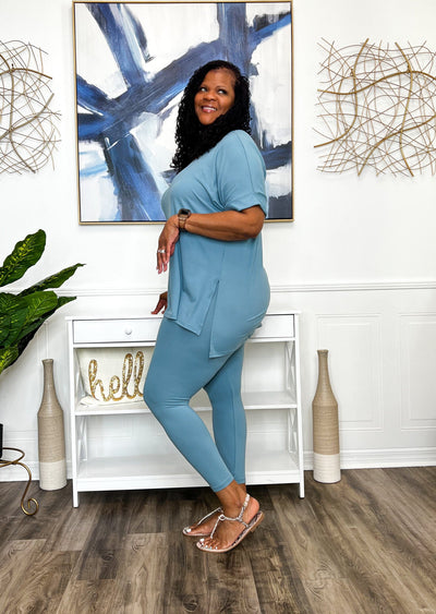 Casual Auntie Two Piece Microfiber Matching Pant Set- Blue Grey Outfit Sets 
