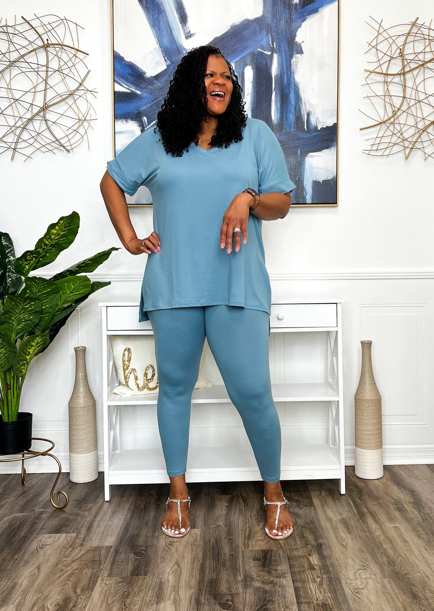 Casual Auntie Two Piece Microfiber Matching Pant Set- Blue Grey Outfit Sets 