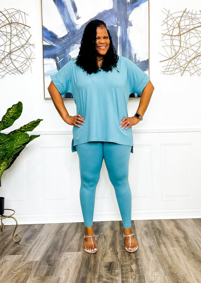 Casual Auntie Two Piece Microfiber Matching Pant Set- Dusty Teal Outfit Sets 1X 