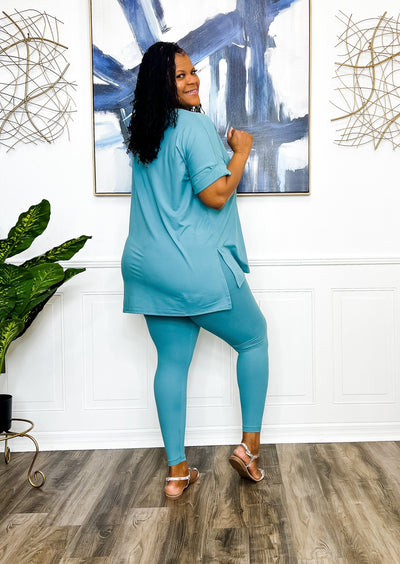 Casual Auntie Two Piece Microfiber Matching Pant Set- Dusty Teal Outfit Sets 