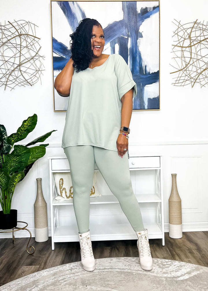 Casual Auntie Two Piece Microfiber Matching Pant Set- Light Sage Outfit Sets 1X 