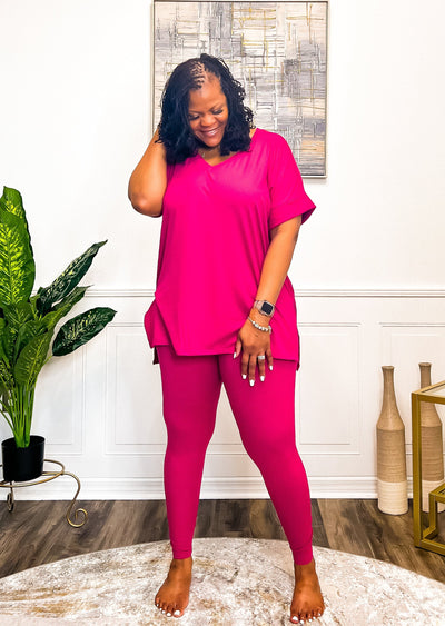 Casual Auntie Two Piece Microfiber Matching Pant Set- Magenta 