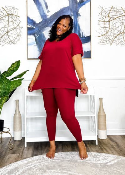 Casual Auntie Two Piece Microfiber Matching Pant Set- Maroon Outfit Sets 