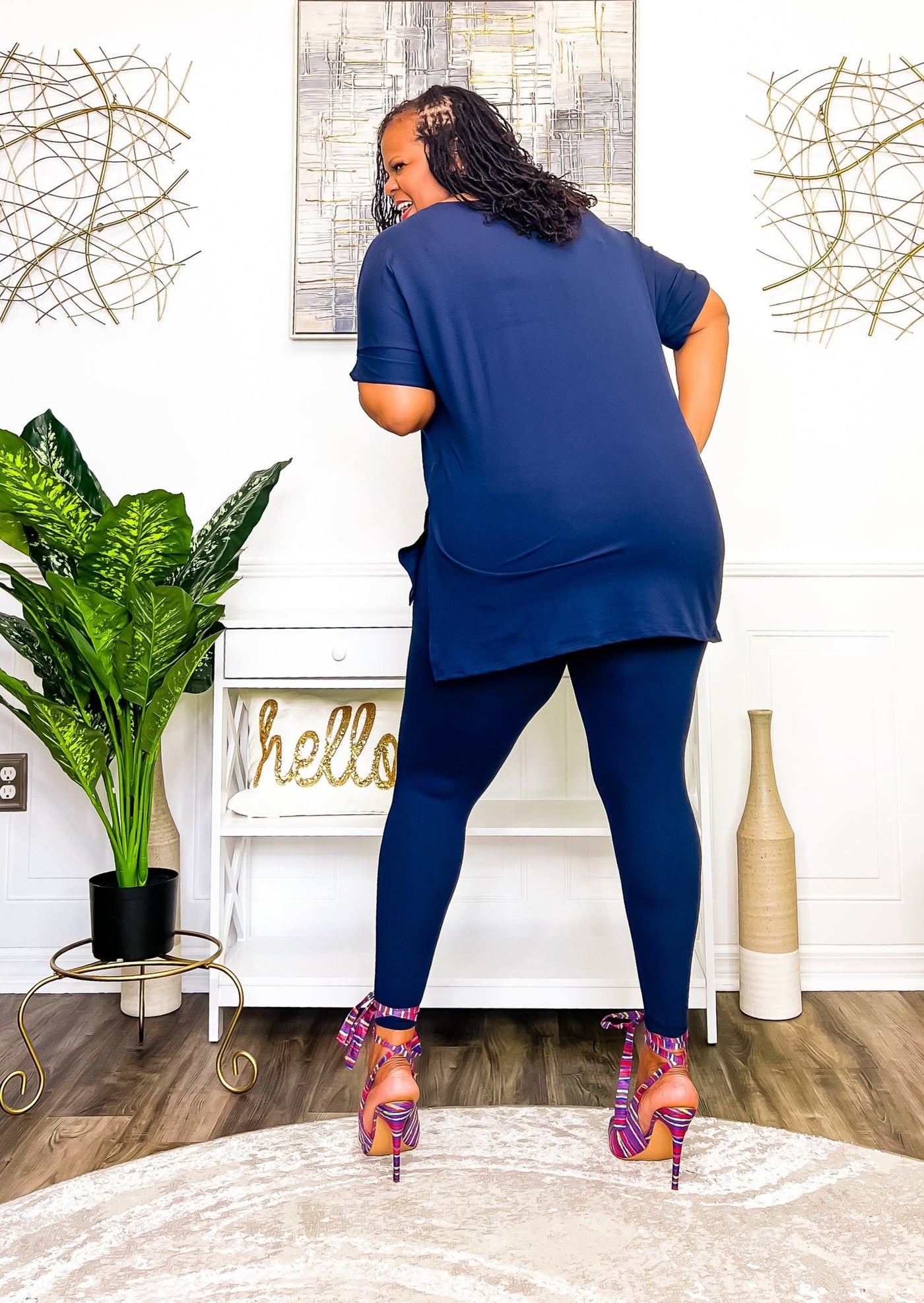 Casual Auntie Two Piece Microfiber Matching Pant Set- Navy Outfit Sets 