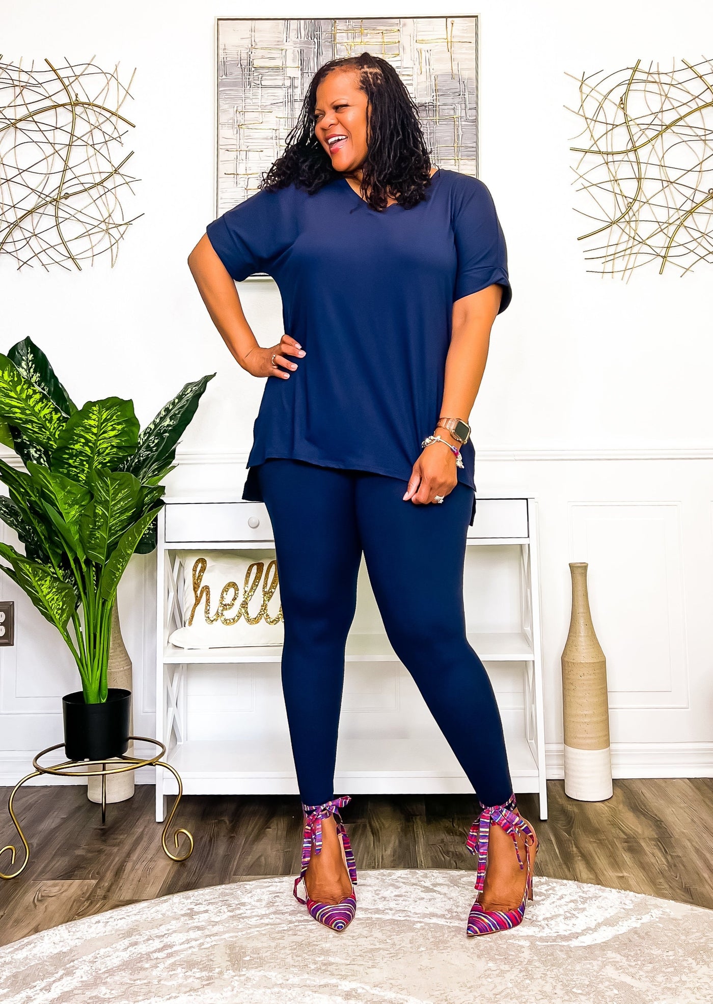Casual Auntie Two Piece Microfiber Matching Pant Set- Navy Outfit Sets 