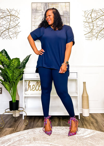 Casual Auntie Two Piece Microfiber Matching Pant Set- Navy Outfit Sets 