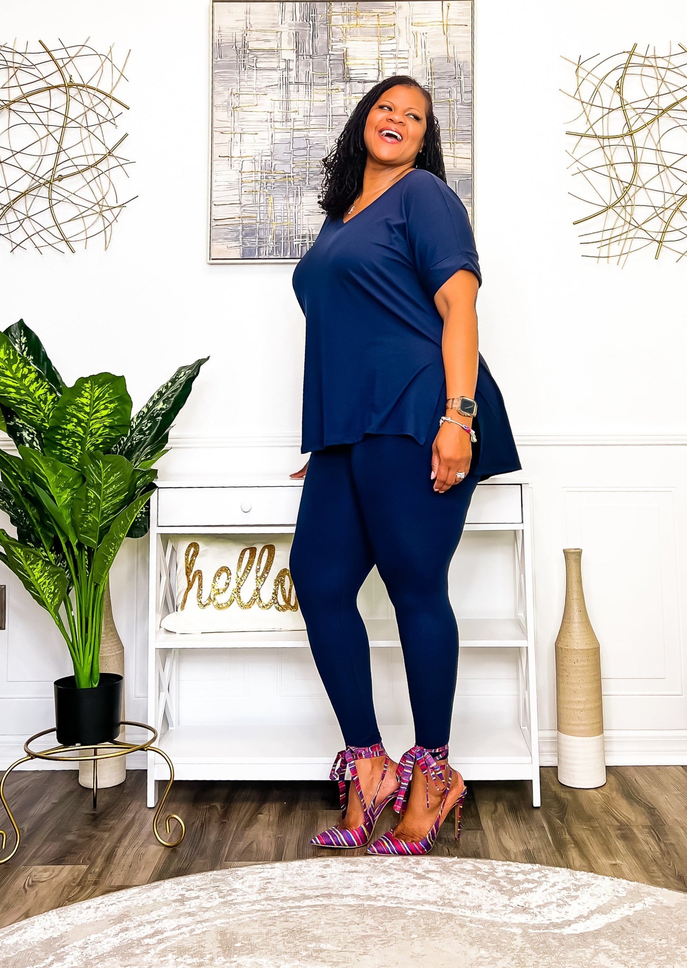 Casual Auntie Two Piece Microfiber Matching Pant Set- Navy Outfit Sets 