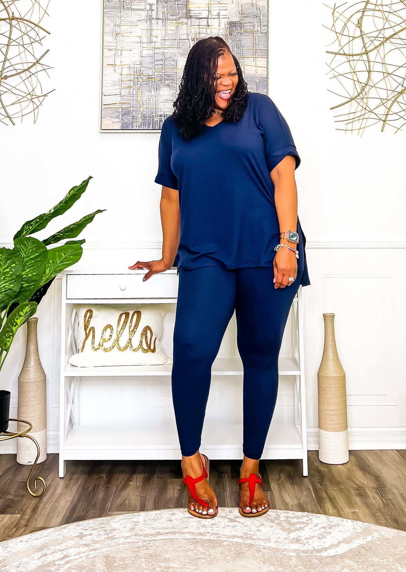 Casual Auntie Two Piece Microfiber Matching Pant Set- Navy Outfit Sets 