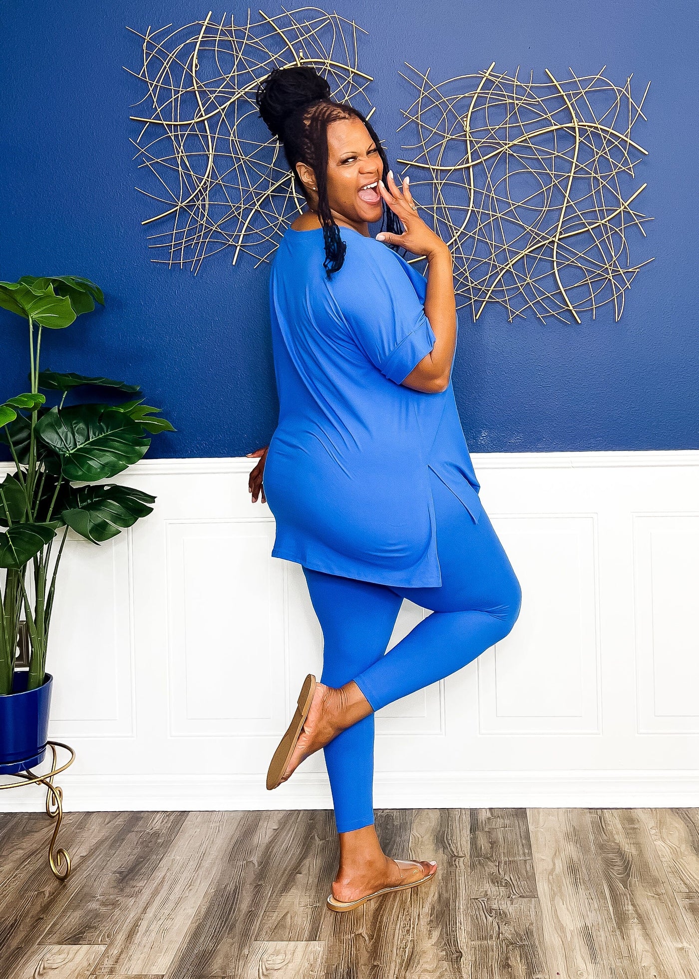 Casual Auntie Two Piece Microfiber Matching Pant Set- Ocean Blue Outfit Sets 